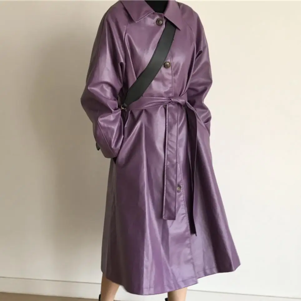 Женский однобортный Тренч из искусственной кожи Длинная ветровка фиолетового