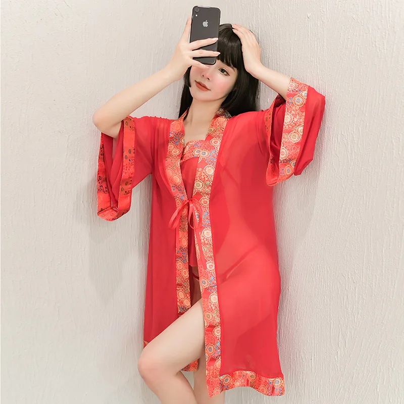 

Chinese style sexy embroidery sleepwear set Bridal long robes Kimono lacing Apron Female Lingerie Perspective Nightgown 3Pce Set