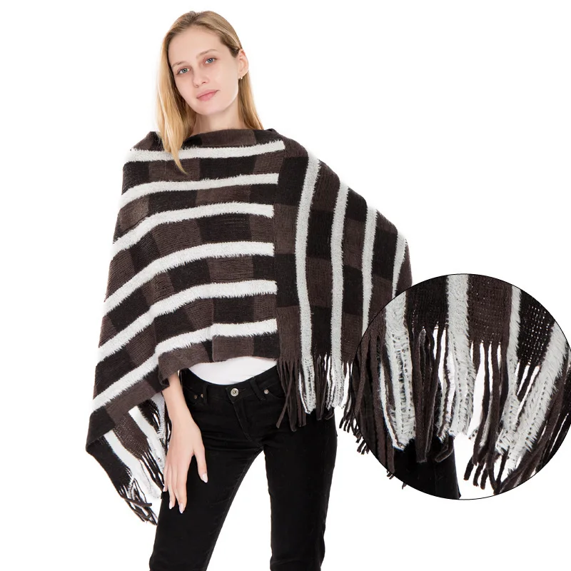 

Fashion Women Autumn Winter Pashmina Tassel Shawl Striped Plaid Knitting Ladies Party Casual Pullover Poncho