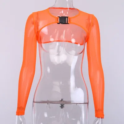 neon orange Неоновый розовый сетчатый короткий топ с пряжкой и длинным рукавом Mujer Уличная Сексуальная футболка женская мода лето черная оранжевая укороченная футболка - Цвет: neon orange