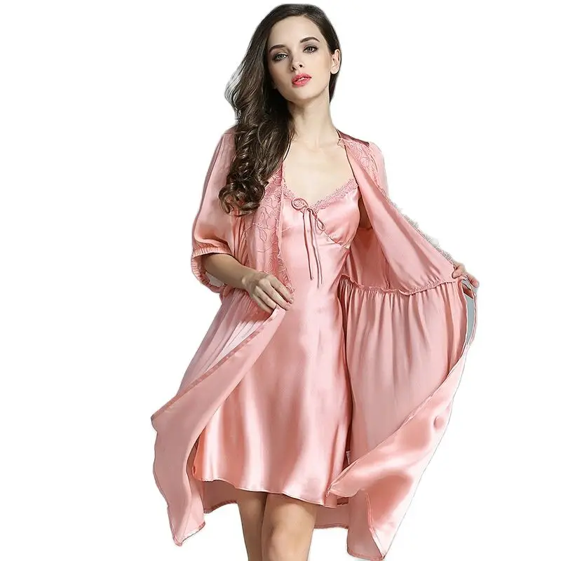 100% Шелковый женский спальный халат ночная рубашка комплект из двух предметов