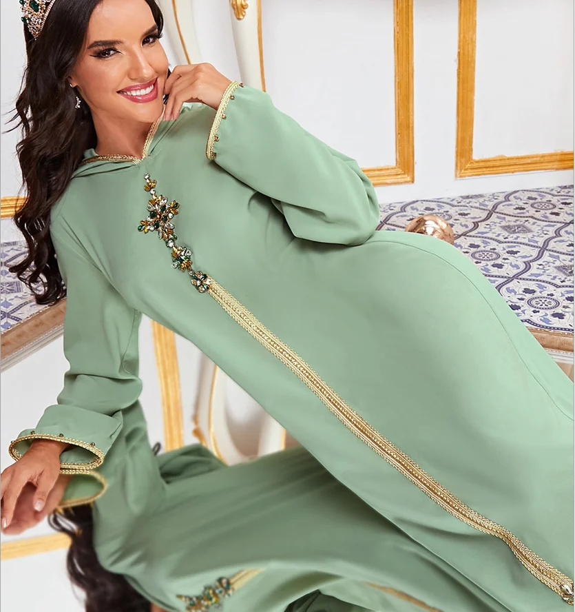2020 зеленое мусульманское модное платье с капюшоном абайя со стразами одежда на