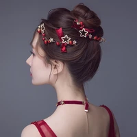 bright red color star bridal headbands crystal pearls wedding side hairbands headpiece handmade women hair accessories 2021 new