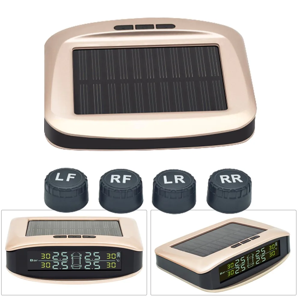 

Car Tire Tpms Sensor Pressure Monitoring System Wireless Solar Power Tyre Pressure Gauge With 4 External Sensors Accessories