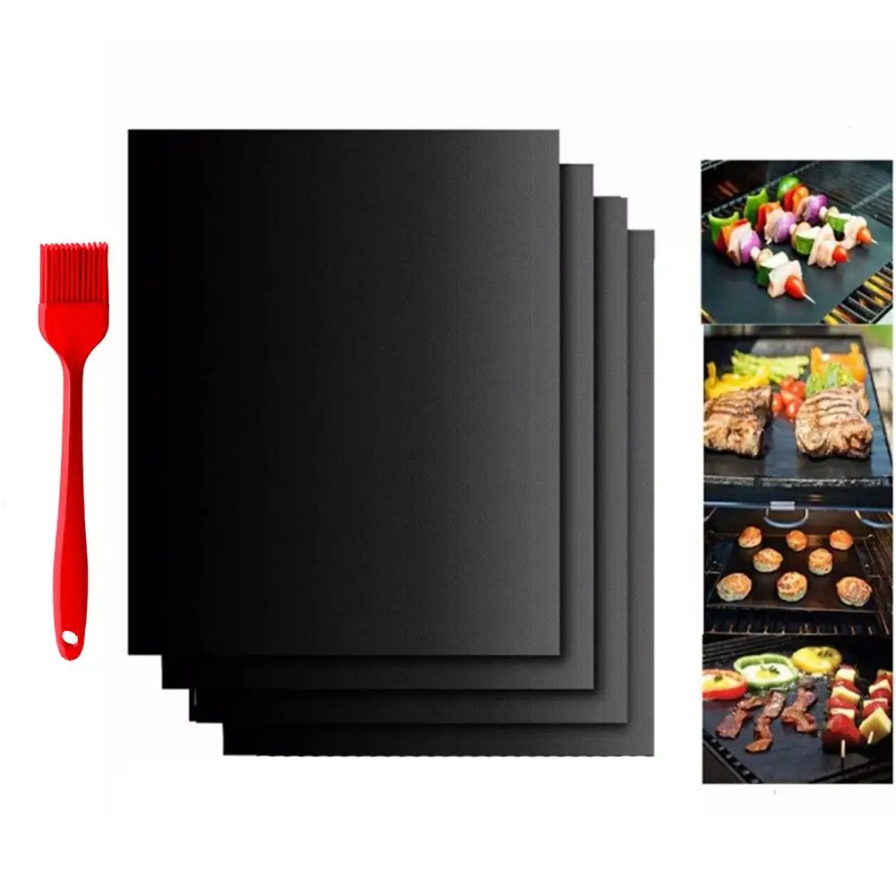 4Pcs Reusable Non-stick BBQ Grill Mats with Basting Brush Heat Resistant Cooking Baking Grilling Sheet Barbecue Accessories Tool |