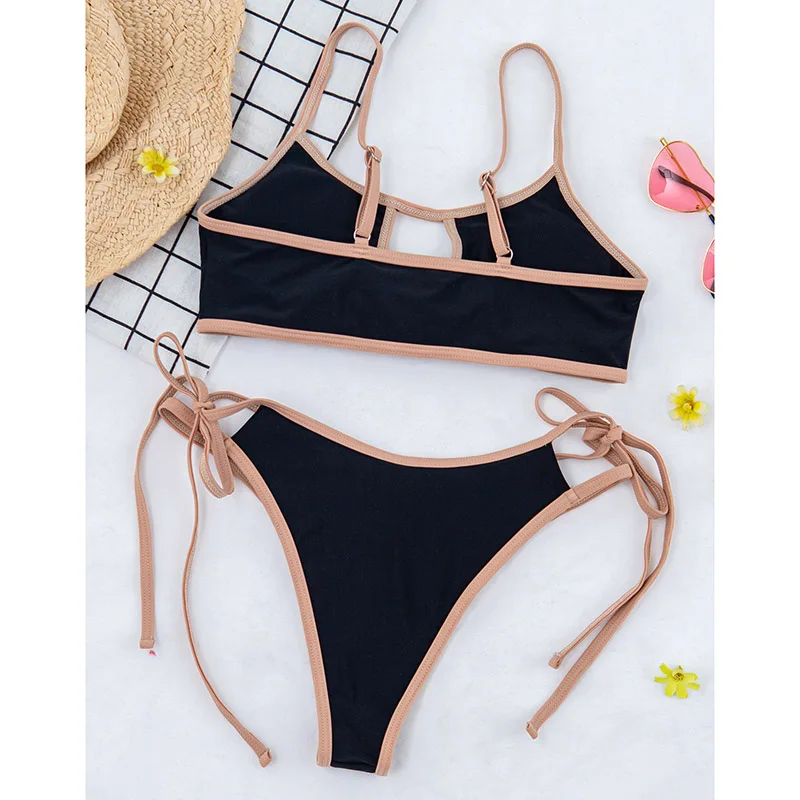 

Rivertrip String Bow Bikinis Sexy Women Swimwear Cut Out Swimsuits Patchwork Bathing Suits Women Push Up Biquini Strap Beachwear