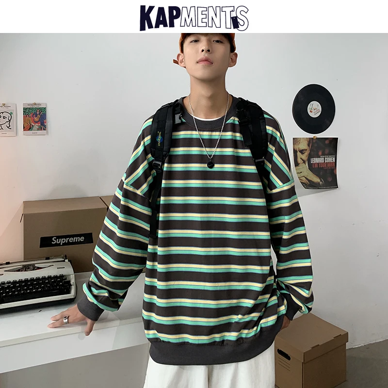 

KAPMENTS Vintage Men Striped Hoodies 2022 Japan Style Pullover Mens Harajuku Streetwear Sweatshirt Male Korean Fashions Clothes