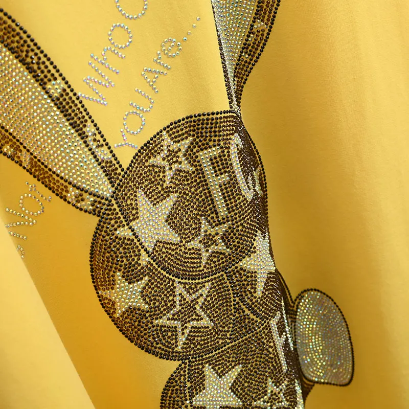 

2021 Summer Korean Half Sleeve Lady T-shirt New Rhinestone Rabbit Large Short Sleeve Female Top Loose Round Neck Pullover Tee