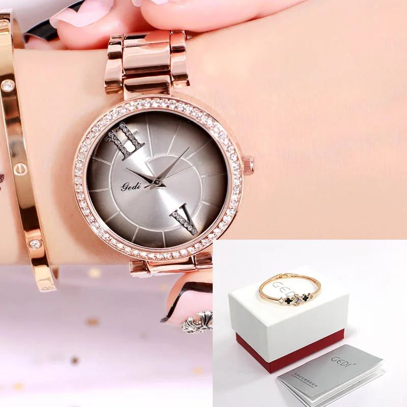 Rosegold white box GEDI модные элегантные женские часы с ремешком из сплава розового золота кварцевые наручные часы женские роскошные стразы уникальный дизайн часы с буквами - Цвет: Rosegold white box
