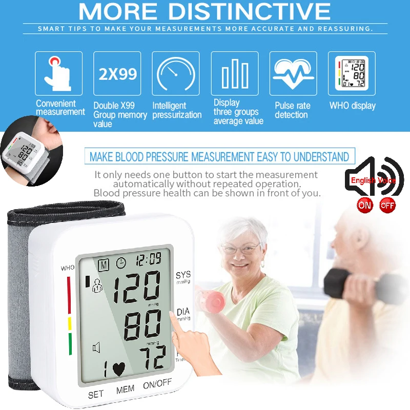 

Sphygmomanometer Wrist Type Home Medical Equipment With Voice To Measure Heart Rate Pulse Blood Pressure Sphygmomanometer