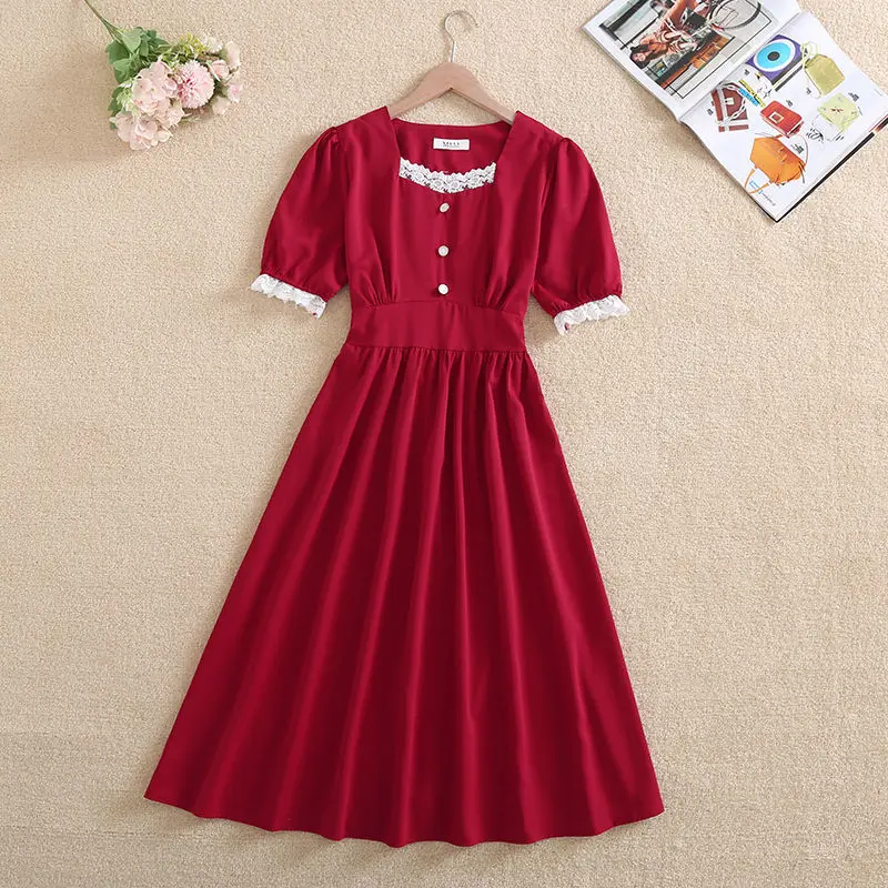 

2021 Women Spring Summer Vintage A-line Dress Ladies Short Sleeve Square Collar Pleated Vestido Female Casual Sweet Dresses K141