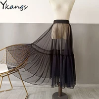 2020 women sexy mesh transparent long tulle skirt korean fashion summer ladies elastic high waist black white beach midi skirt