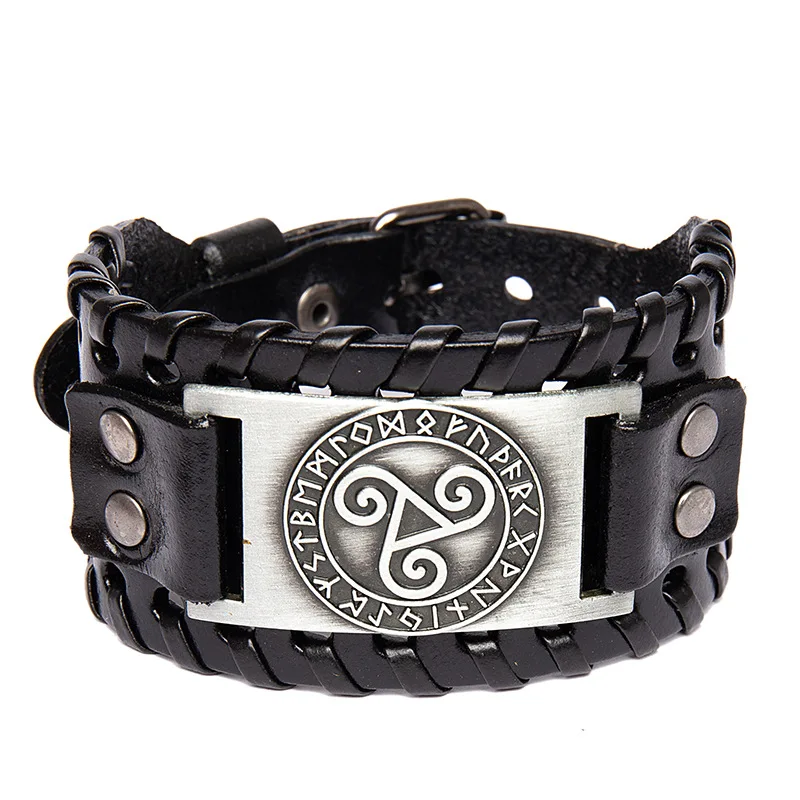 

Charm Wide Leather Bracelet Men Punk Braided Rope Nordic God Rune Male Wristband Viking Bracelet Mens Jewelry Party Accessories