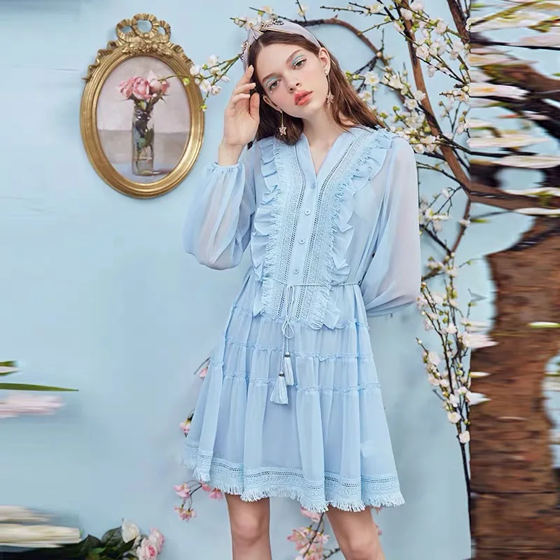 

Women's French Casual Loose Chiffon Belt Tassel Lace Hollow Summer Pleated Dress 2020New Women's Summer Long Sleeve Dress Bing
