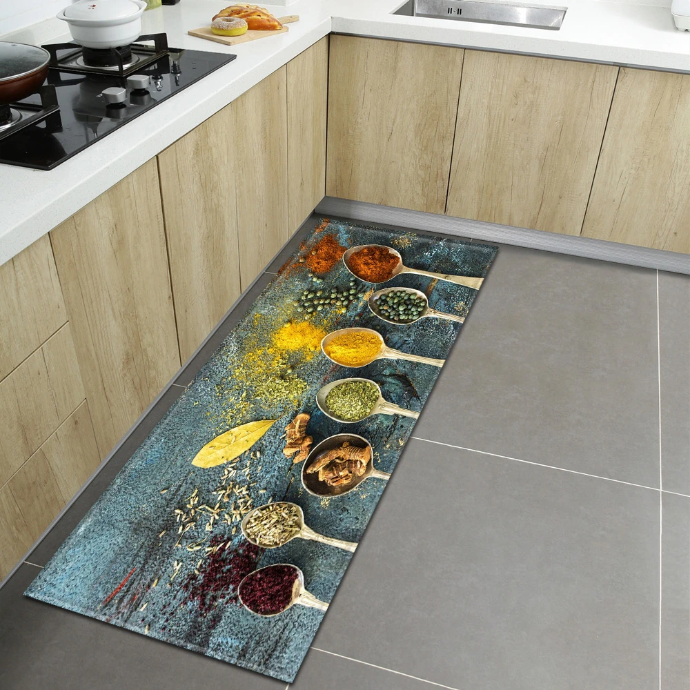 

Spices Pattern Kitchen Floor Mat Home Entrance Doormat Bedroom Living Room Decor Carpet Hallway Balcony Bath Anti-Slip Long Rugs