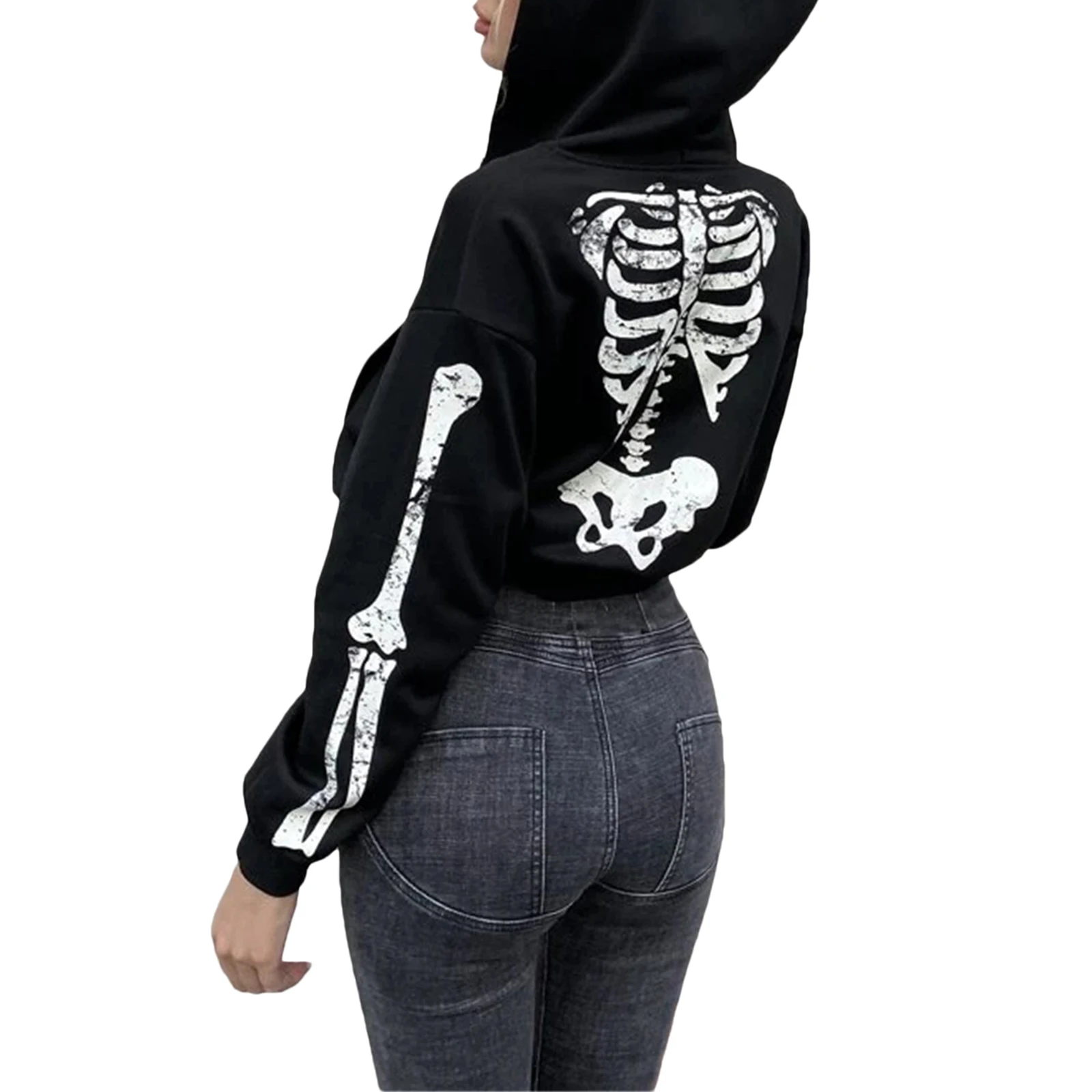 

Spring And Autumn Women Hooded Sweater Adults Skeleton Print Long Sleeve Zipper Crop Tops with Pockets New