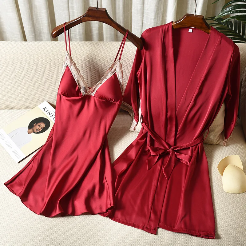 

Satin Robe Gown Set Women Sexy Lace Trim Bathrobe Nightdress Kimono Bath V-Neck Summer Sleepwear Nightgown Suit Casual Negligee