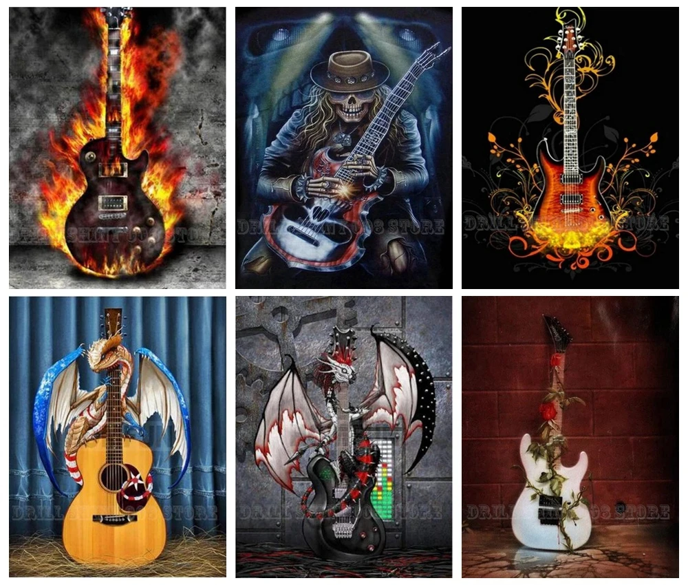 Алмазная 5D Вышивка с полным покрытием огня черепа гитары алмазная живопись