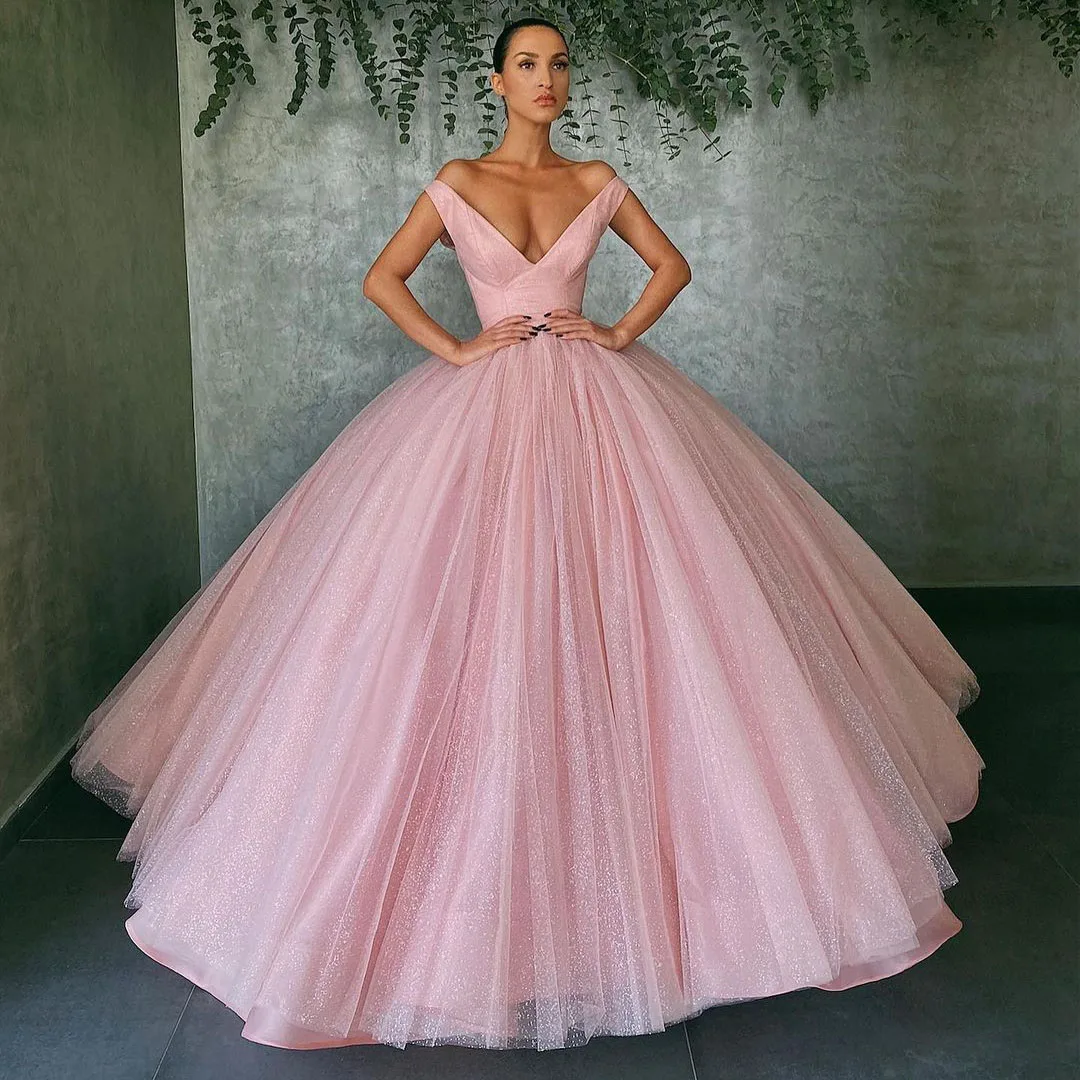 

Pure Pink Evening Dress Double Deep V-Neck Sleeveless Floor Length Layered Puffy Tulle Wedding Dress Prom Gowns Sizes Available
