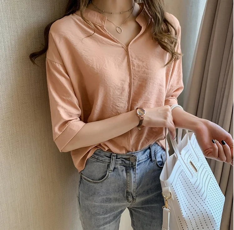 

Chiffon Loose Plus Size Women's Blouses New Casual Blouse Fashion Five-point Sleeve Top Solid Color V-neck Shirt Summer Houthion