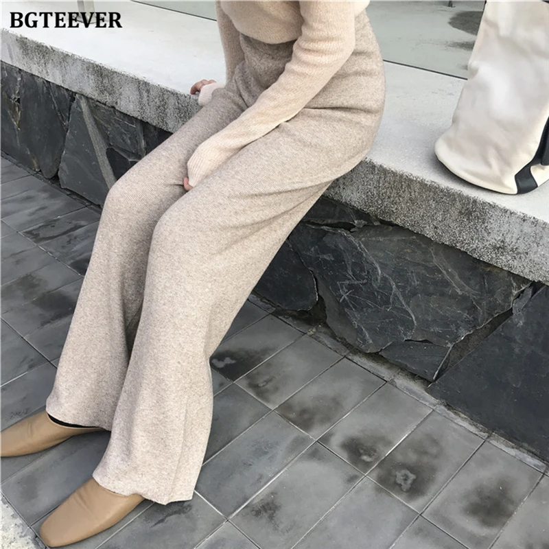 BGTEEVER Autumn Winter Women Thick pant Loose Elastic Waist Straight Leg Knitted Long Pant 2021 Ladies Casual Sweater Trouser