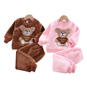 Children Autumn Winter Plus Velvet Suit Baby Boy Long Sleeve + Pants Infant Girl Cute Cartoon Bear Outfit Kid Casual Clothes Set
