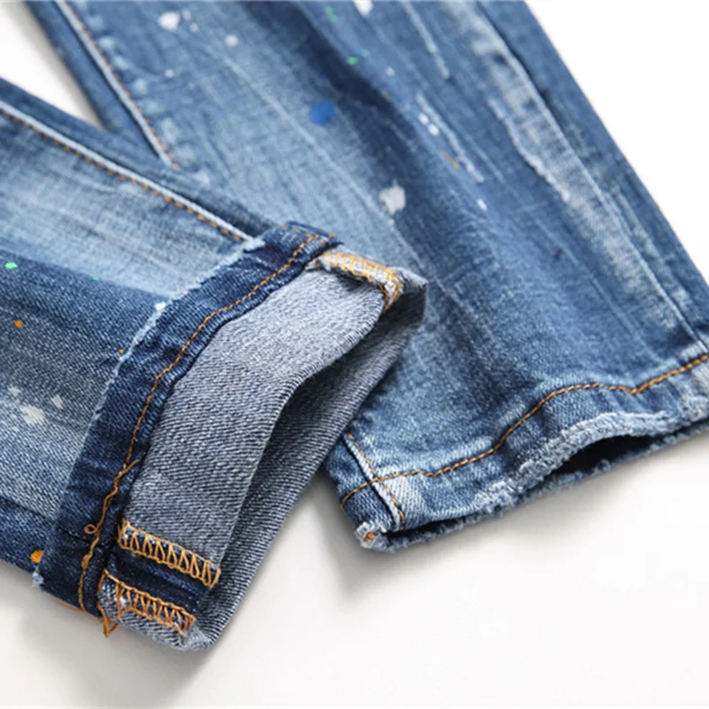

Autumn New Broken Hole Splashed Lacquer Splices Jeans Men's Casual Paint Fashion Elastic Jeans Blue Print Beggar Pants