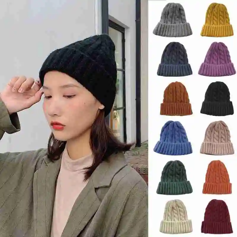 

Thick knit twisted pure color woolen hat R9N6