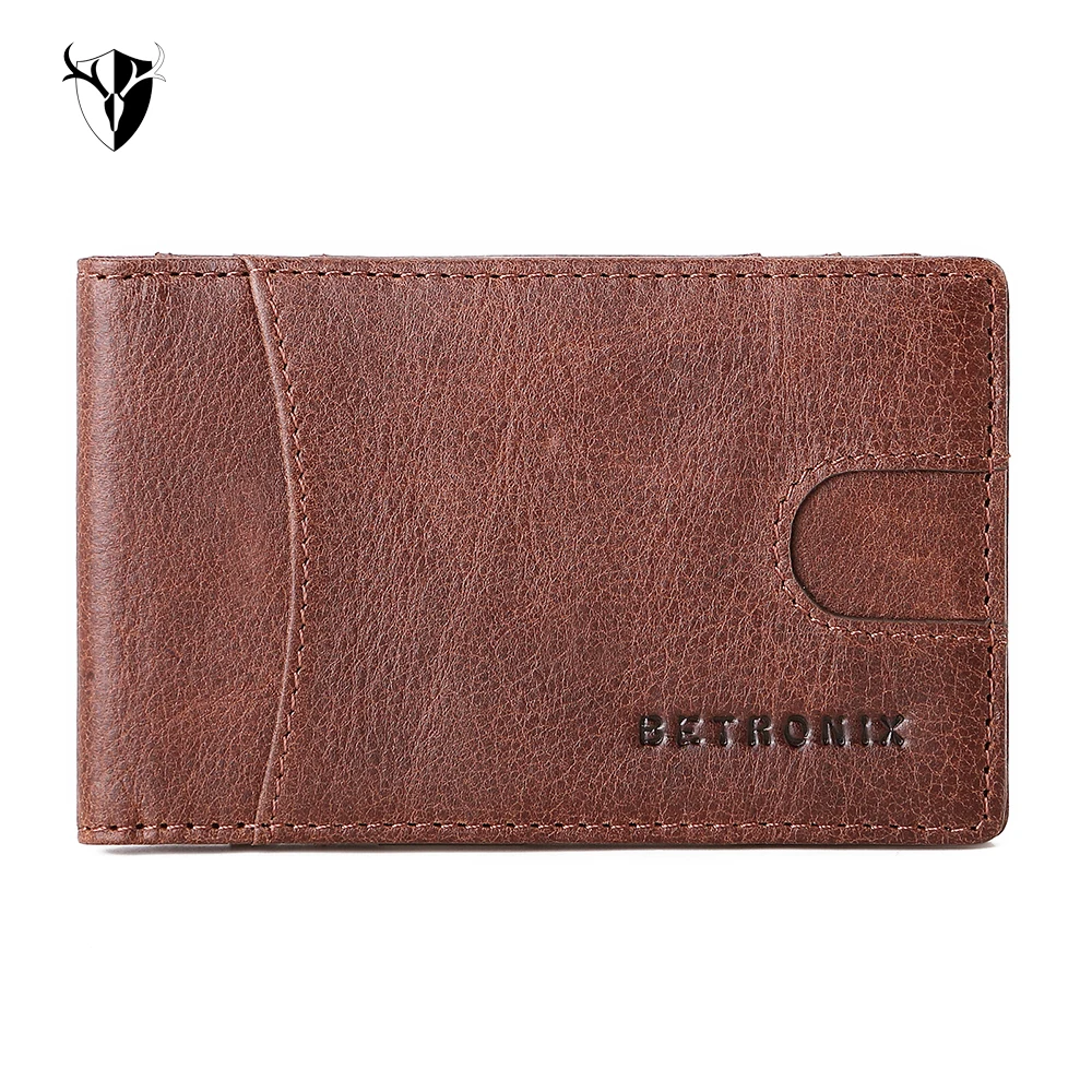 Модный однотонный мужской тонкий кошелек двойного сложения из натуральной кожи