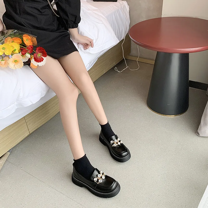 

British Style Fashion Single Shoes Women's Autumn 2021New Thick-soled Leather Shoes Women's Rhinestone All-match Women's Loafers