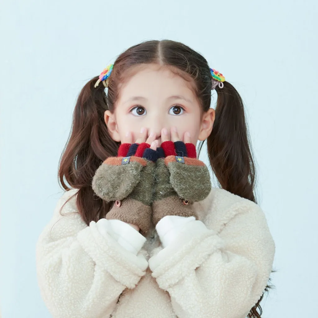 

Children's Knitted Clamshell Gloves For Fall/Winter Travel, Antifreeze, Warm Soft, Contrast Color Half-finger Gloves