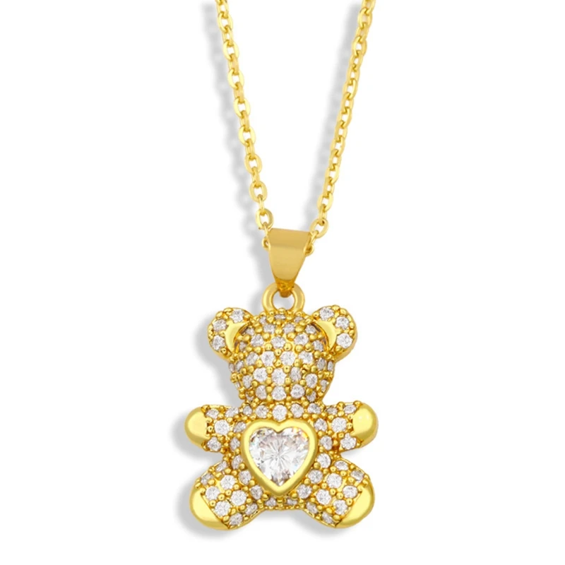 

N58F Colorful Zircon Love Bear Necklace Copper Plated Necklace All-match Long Sweater Chain Pendant Necklace Jewelry