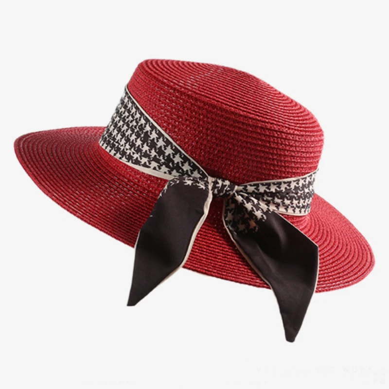 

HT3567 Straw Hat Flat Top Women Summer Hat Elegant Bow Flat Brim Boater Sun Hat Fashion Ladies Beach Cap Female Casual Beach Hat
