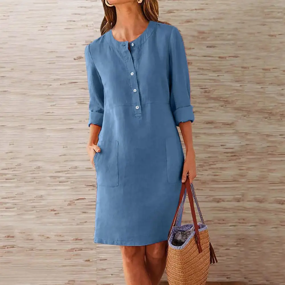 Повседневное осеннее хлопково льняное платье модель 2019 года вечерние ное