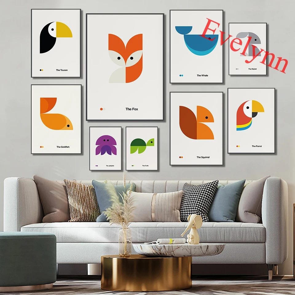 

Nursery Animal Poster - Bauhaus For Kids -Rabbit,Parrot,Fox,Squirrel,Turtle,Whale,Jellyfish,Nursery Decor Canvas Wall Art Print