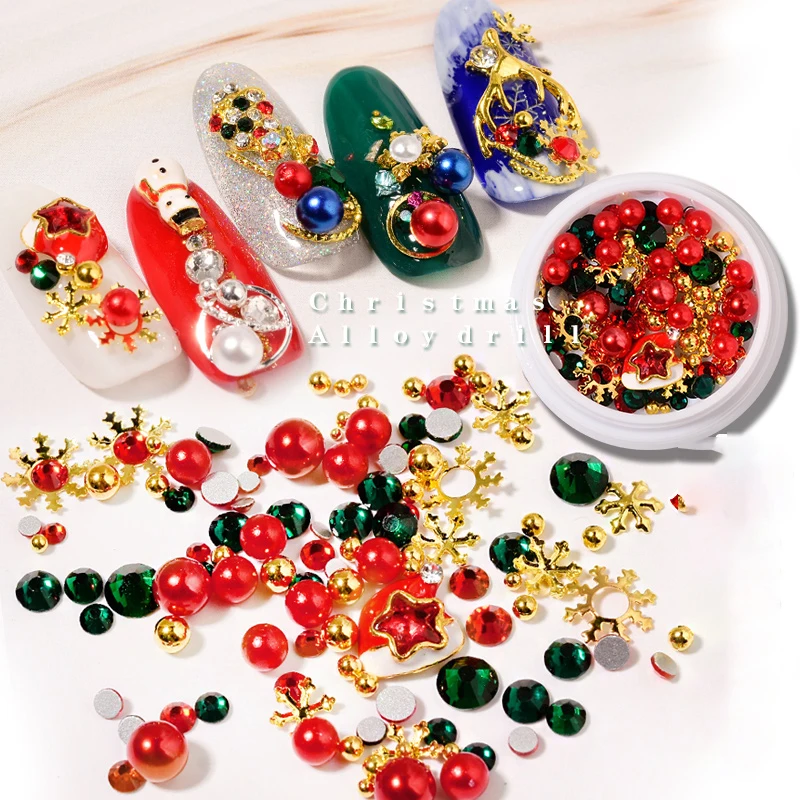 

1Box Christmas Nail Charms New Year,Festival Design Nail Jewel Rivet Alloy Pearl Beads 3D Rhinestones DIY Nail Art DecorationJS1
