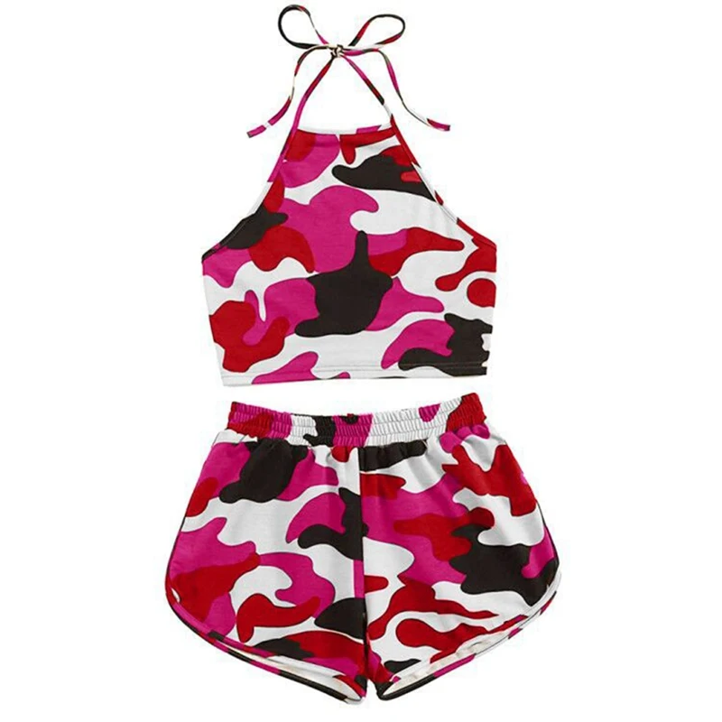 

Camouflage Colorful Printed Sexy Two Piece Set Halter Crop Top And Mini Shorts Summer Sheath Short Pants Streetwear Tracksuit