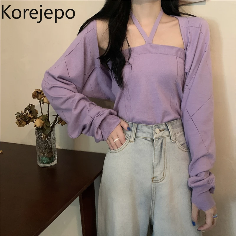 

Женский комплект из 2 предметов кореjepo, Новинка осени 2021, милый трикотажный облегающий короткий топ на подтяжках, шаль, кардиган, куртка с дл...