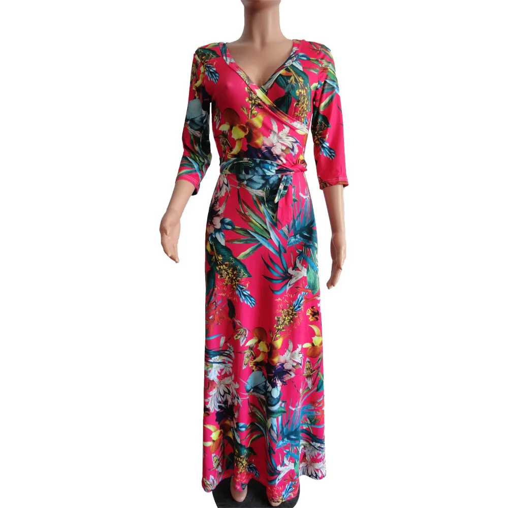 HAOOHU весенне-летнее женское платье, сексуальные платья для вечеринок, Vestidos размера плюс, с перекрестным v-образным вырезом, с принтом, Бандажное, с большим подолом, свободное Макси платье