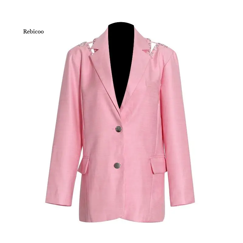 Straight Pink Blazers for Women Notched Long Sleeve Hollow Out Designer Loose Coats Female Spring Clothing New