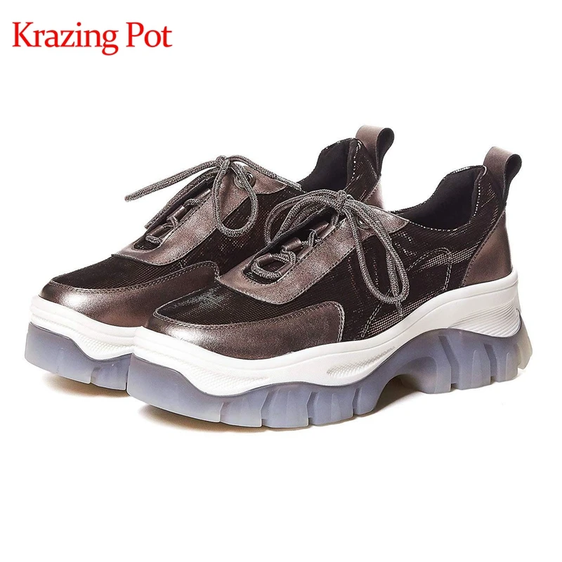 Krazing pot/непромокаемые туфли из овечьей кожи с блестками; кроссовки на шнуровке с круглым носком; шикарная обувь для молодых девушек; L1f6