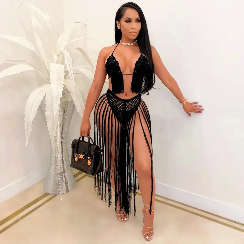 

Dress Suit Bikini Top 2 Piece Skirt Suit Sexy Holiday Outfit Beachwear Crochet Tassel Summer