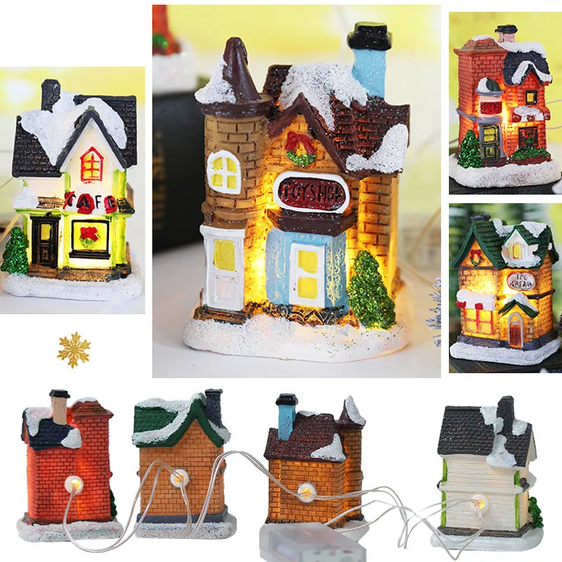 LED Resin Christmas Village Set Party Decoration Santa Claus Pine Needles Snow Street View House Holiday Gift Home Ornaments | Дом и сад