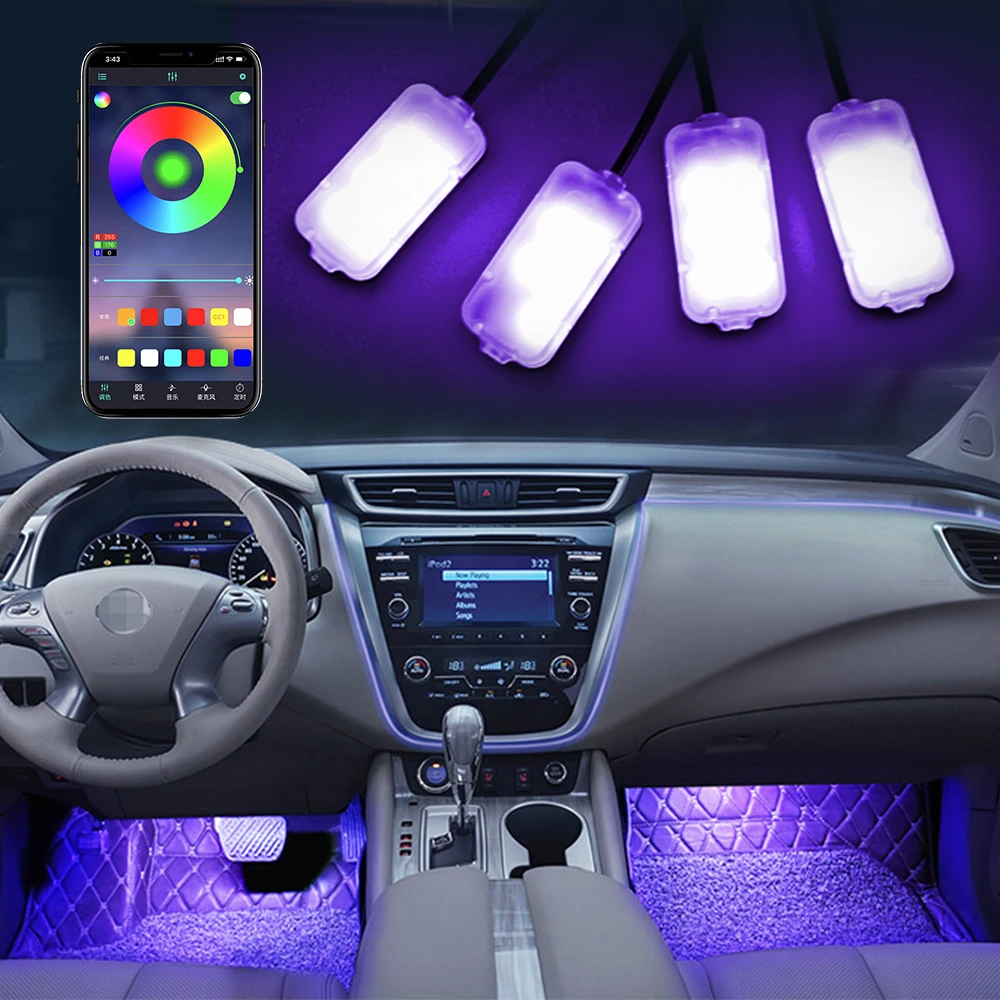 

OKEEN 4pcs Led Car Foot Light Led Interior Ambient Light Strips App Music Control Auto Decorative Backlights Atmosphere Lamp 12V