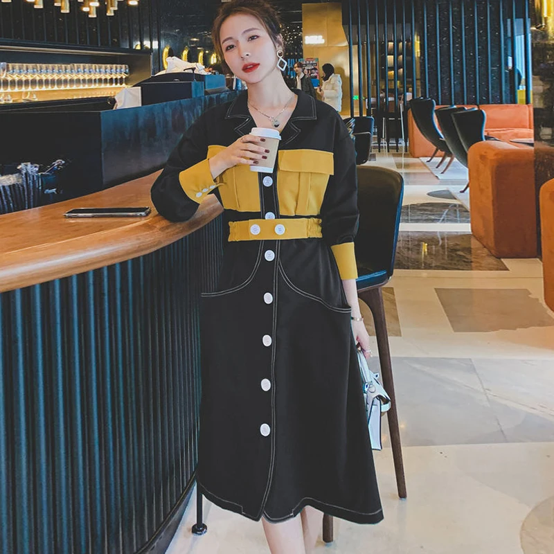 

Vintage Single Breasted Women Long Dress V Neck Patchwork Female Vestidos femme Elegant Slim Waist Spring Dress Korean clothing