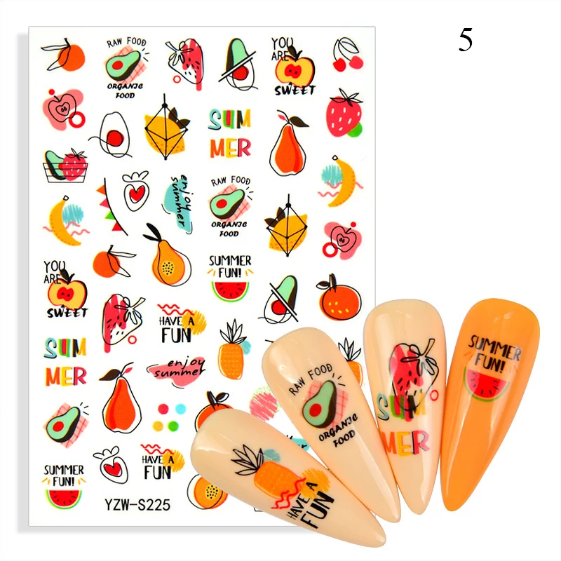 Наклейки для ногтей в виде клубники лимона арбуза тропических листьев|Стикеры и