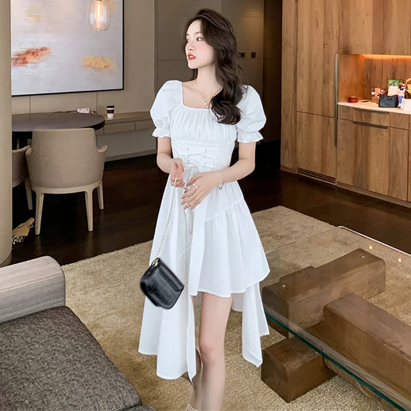 

2023 Women Korean Vintage White Hepburn Dresses Summer Casual Solid Chiffon Beach Sexy Midi Dress Elegant Bodycon Party Vestidos