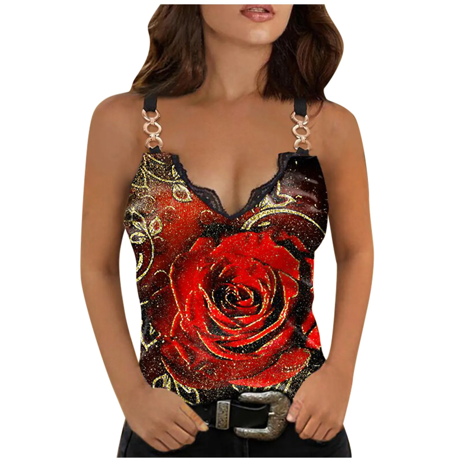 

Women Summer V-Neck Rose Print Sleeveless Lace T-Shirt Blouse Camis Tank Top Fashion Chain Street Tee y2k crop top топик женский