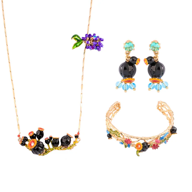 

European and American Fashion Plant Series Enamel Black Poppy Fflower Necklace Jewelry Set Personality New Earrings Women