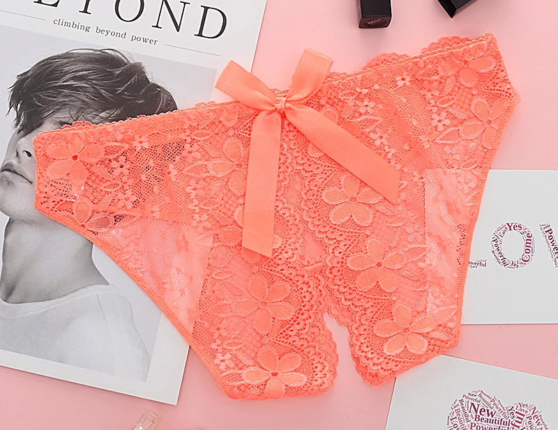 Sexy Lace Hollow Panties Tempting Women Briefs Opening Crotch Low Waist Female Underwear Transparent Sexy Cute Bow Panty